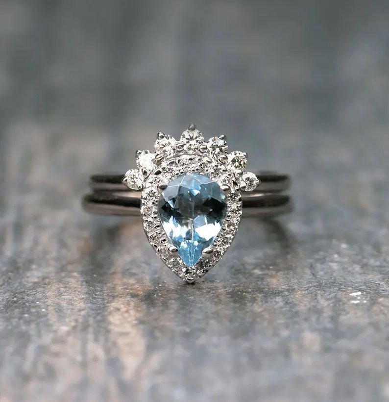 14K PEAR AQUAMARINE DIAMOND HALO ENGAGEMENT RING