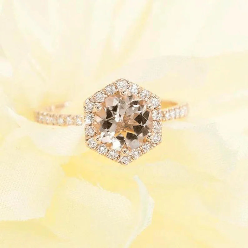 14K MORGANITE DIAMOND HALO HEXAGON RING