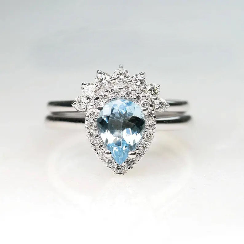 14K PEAR AQUAMARINE DIAMOND HALO ENGAGEMENT RING