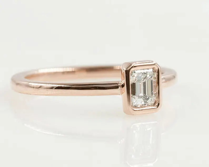 14K 0.30CT EMERALD CUT DIAMOND BEZEL SOLITAIRE RING