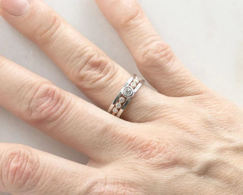 14K WHITE GOLD DIAMOND BEZEL GUARD TWO TONE RING SET