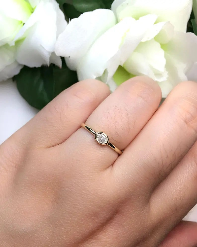 14K 0.15CT OVAL DIAMOND BEZEL SOLITAIRE RING