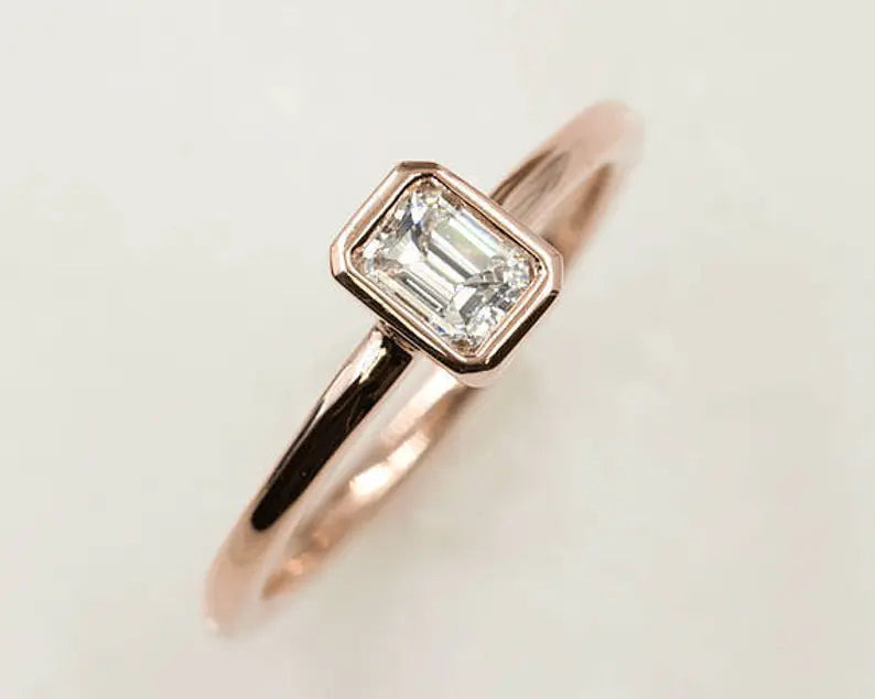 14K 0.30CT EMERALD CUT DIAMOND BEZEL SOLITAIRE RING