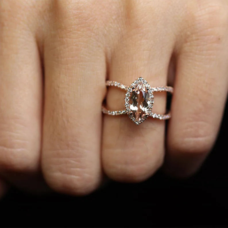 14K MARQUISE MORGANITE DIAMOND HALO DOUBLE BAND RING