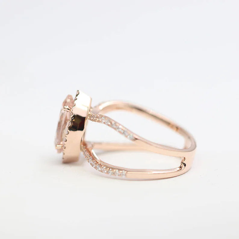 14K MARQUISE MORGANITE DIAMOND HALO DOUBLE BAND RING
