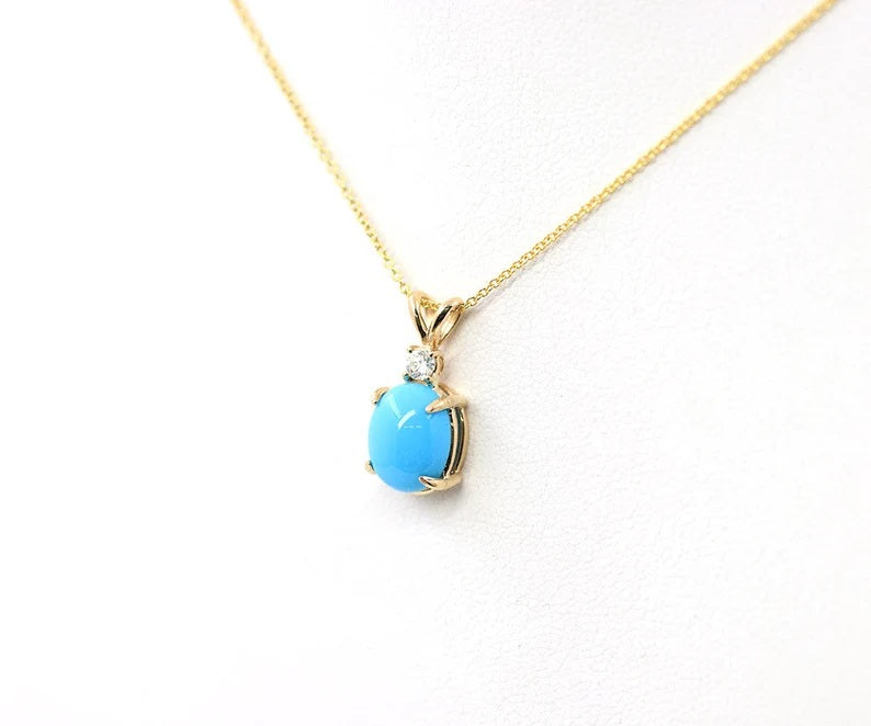 14K OVAL TURQUOISE 1 DIAMOND NECKLACE