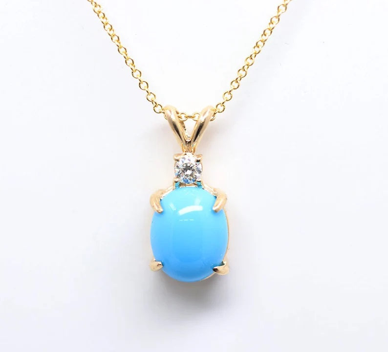 14K OVAL TURQUOISE 1 DIAMOND NECKLACE