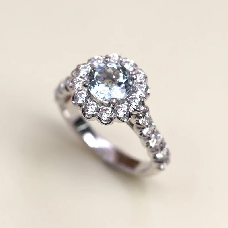 14K AQUAMARINE DIAMOND FLOWR RING