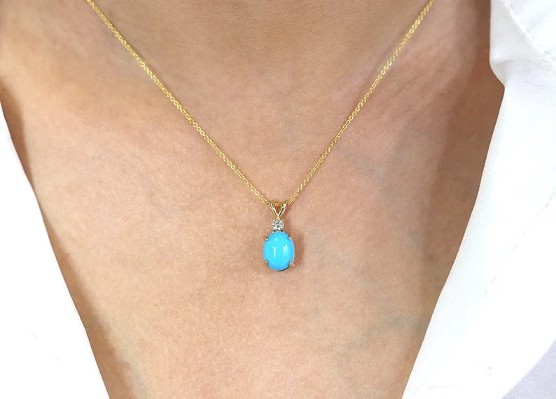 14K OVAL TURQUOISE 1 DIAMOND NECKLACE