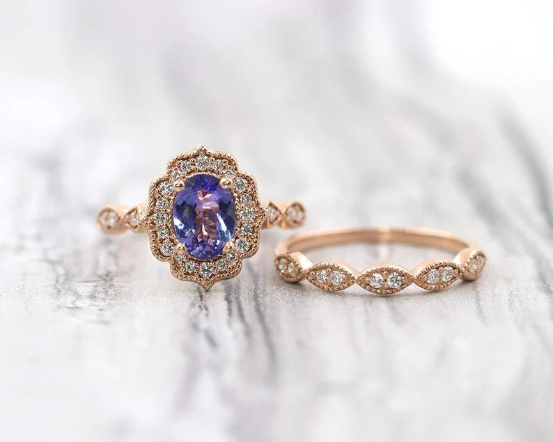 14K TANZANITE DIAMOND FLORAL BRIDAL SET