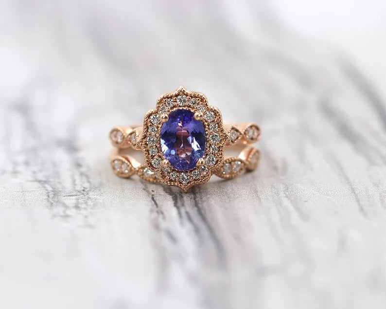 14K TANZANITE DIAMOND FLORAL BRIDAL SET