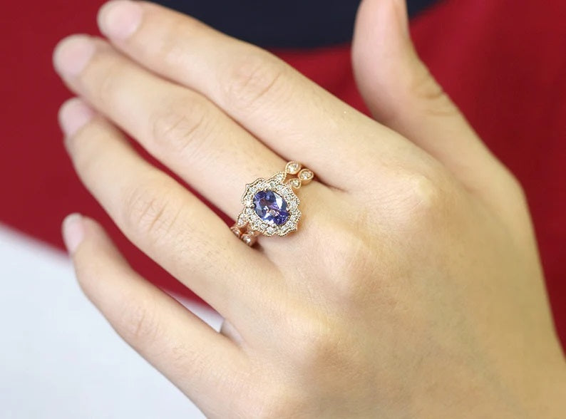 14K TANZANITE DIAMOND FLORAL BRIDAL SET