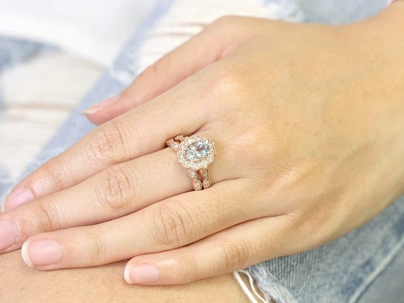 14K AQUAMARINE DIAMOND FLORAL BRIDAL ENGAGEMENT RING