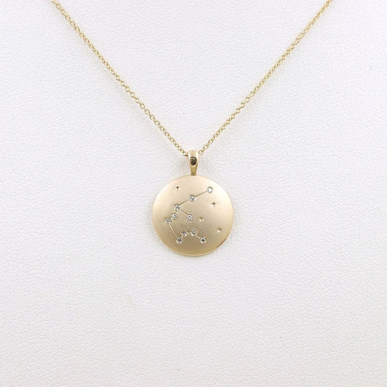 14K DIAMOND AQUARIUS ZODIAC SIGN MATT FINISHED NECKLACE
