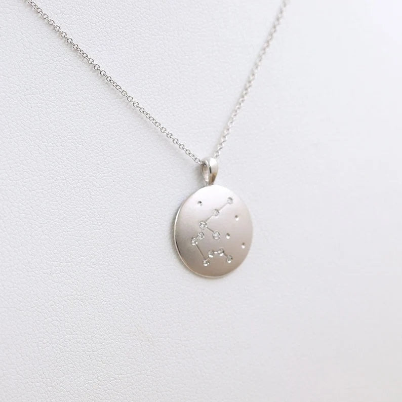 14K DIAMOND AQUARIUS ZODIAC SIGN MATT FINISHED NECKLACE