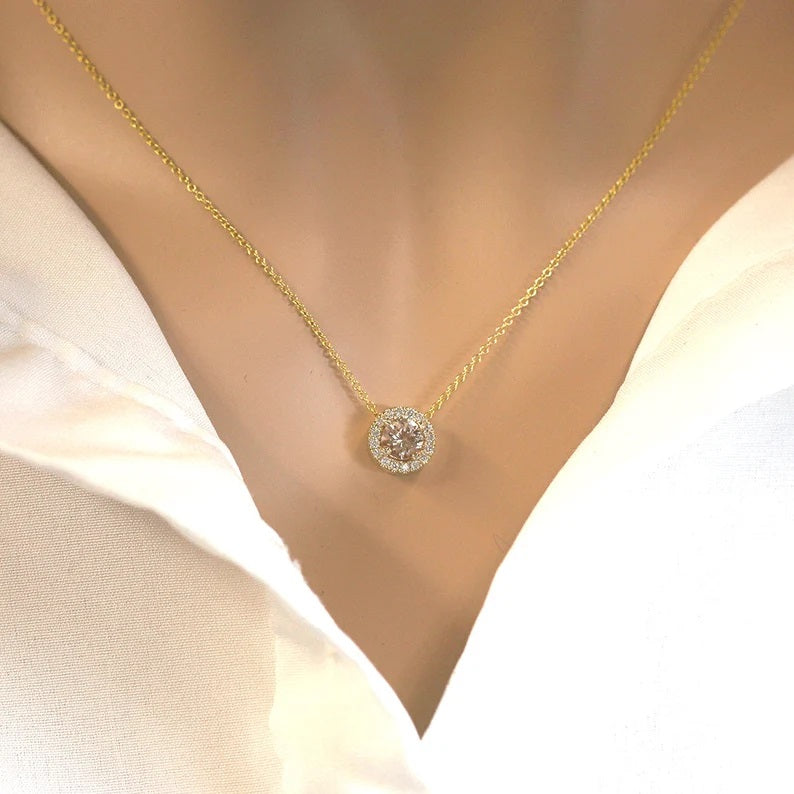 14K MORGANITE DIAMOND HALO NECKLACE