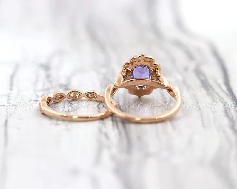 14K TANZANITE DIAMOND FLORAL BRIDAL SET
