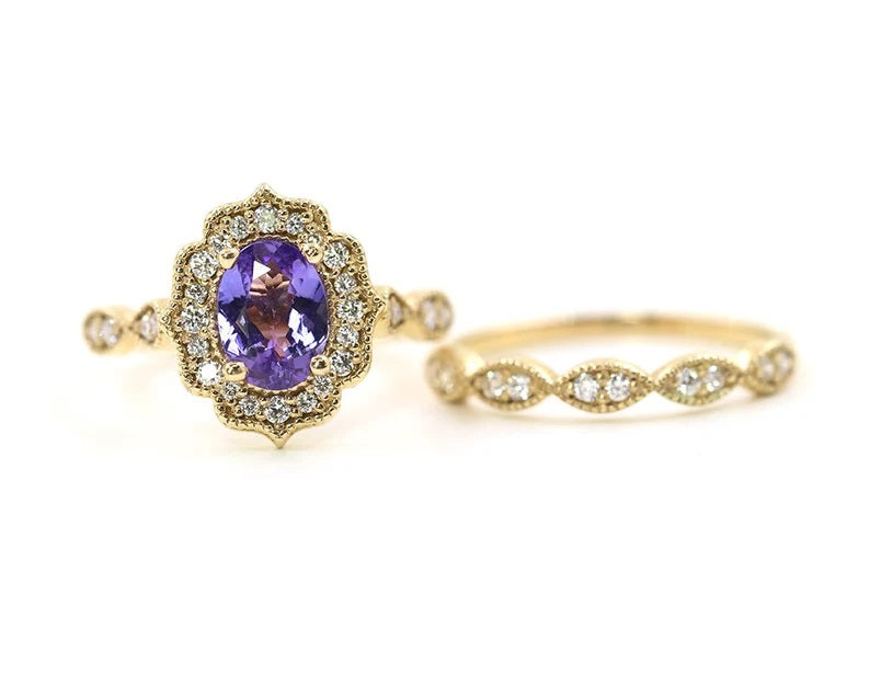 14K TANZANITE DIAMOND FLORAL BRIDAL SET