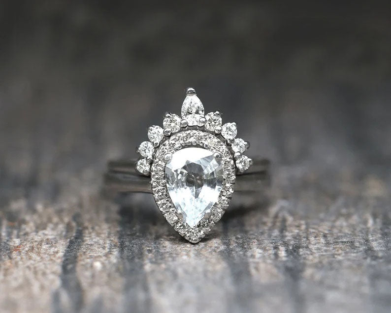 14K WHITE SAPPHIRE DIAMOND CROWN BAND 2 RING SET