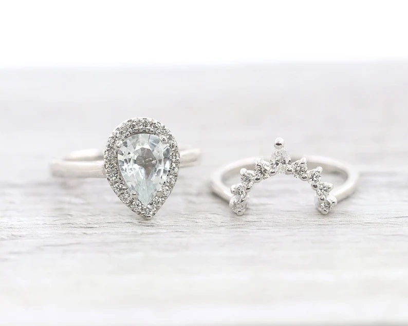 14K WHITE SAPPHIRE DIAMOND CROWN BAND 2 RING SET