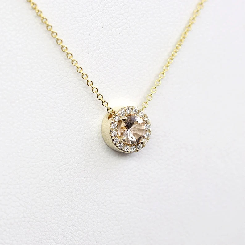 14K MORGANITE DIAMOND HALO NECKLACE