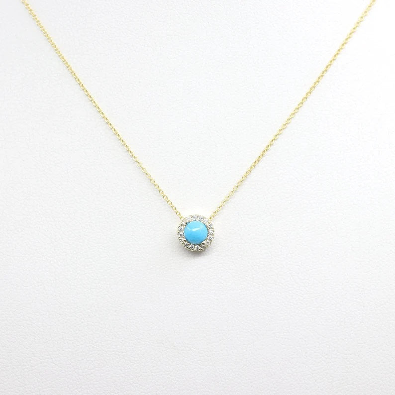 14K TURQUOISE DIAMOND HALO NECKLACE