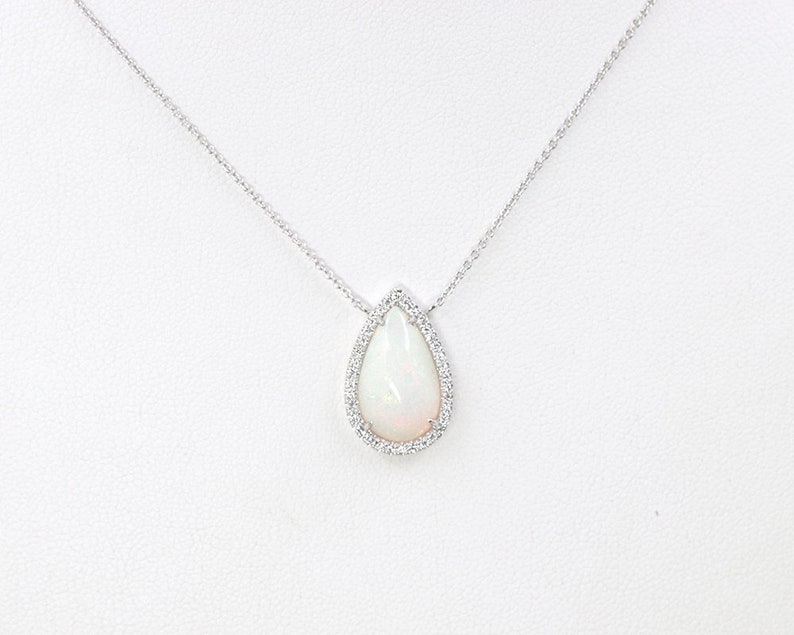 14K WHITE GOLD PEAR OPAL DIAMOND HALO NECKLACE