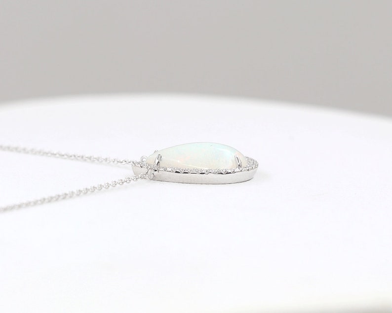 14K WHITE GOLD PEAR OPAL DIAMOND HALO NECKLACE