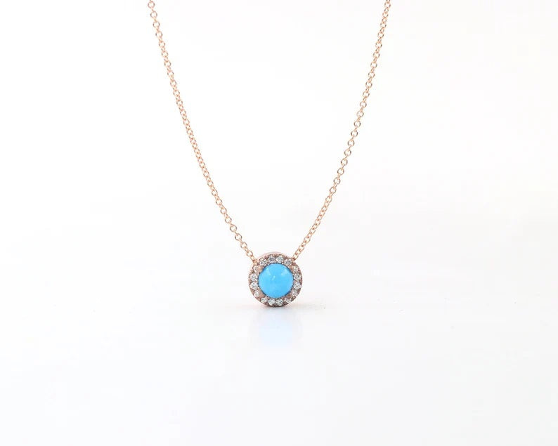 14K TURQUOISE DIAMOND HALO NECKLACE