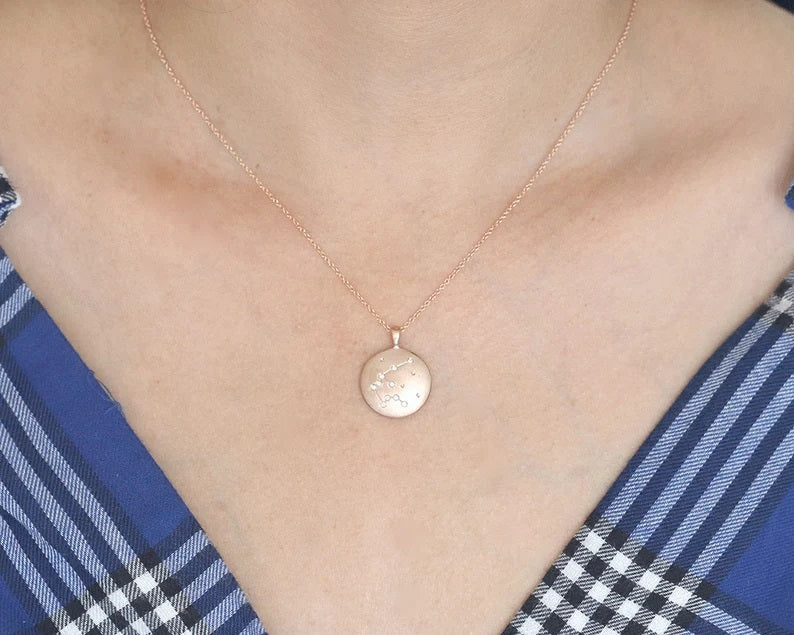 14K DIAMOND AQUARIUS ZODIAC SIGN MATT FINISHED NECKLACE