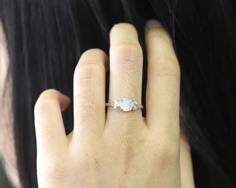 14K DIAMOND CUT ROUND OPAL DIAMOND BEZEL CLUSTER RING