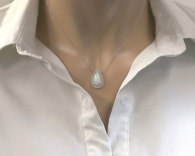14K WHITE GOLD PEAR OPAL DIAMOND HALO NECKLACE