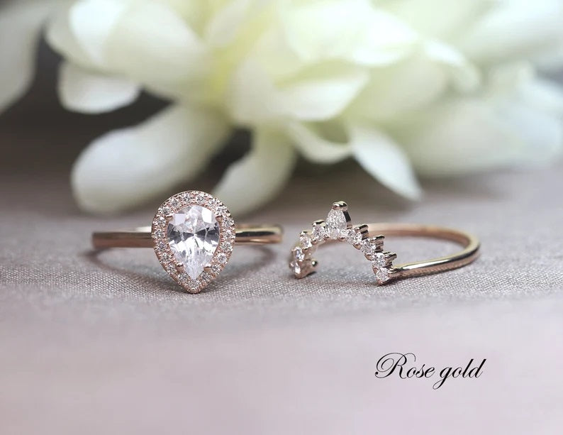 14K WHITE SAPPHIRE DIAMOND CROWN BAND 2 RING SET