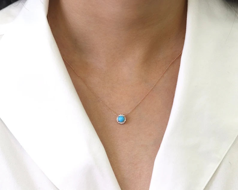 14K TURQUOISE DIAMOND HALO NECKLACE