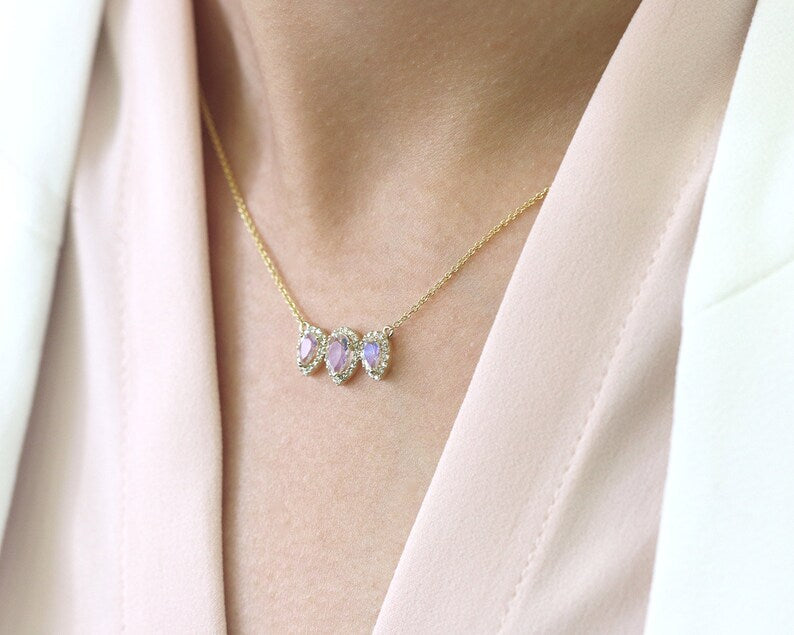 14K TRIPLE PEAR MOONSTONE DIAMOND NECKLACE