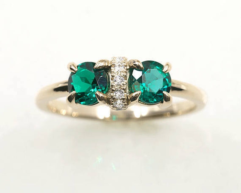 14K ROUND LAB EMERALD DIAMOND RING