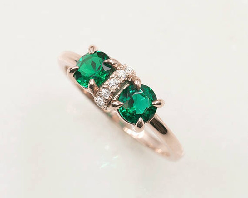 14K ROUND LAB EMERALD DIAMOND RING