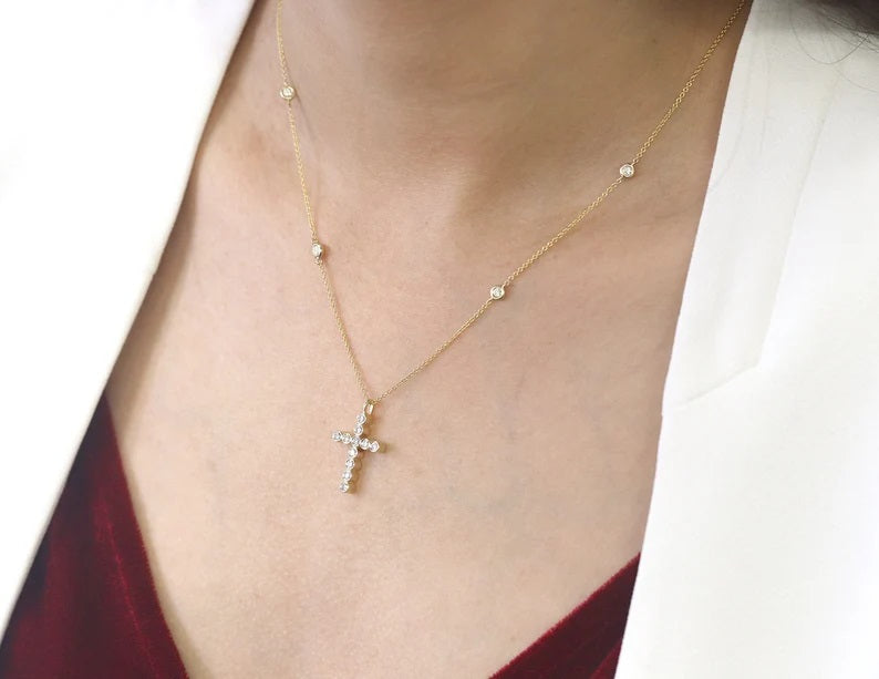 14K DIAMOND CROSS BY THE YARD NECKLACE