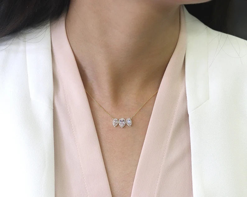 14K TRIPLE PEAR MOONSTONE DIAMOND NECKLACE