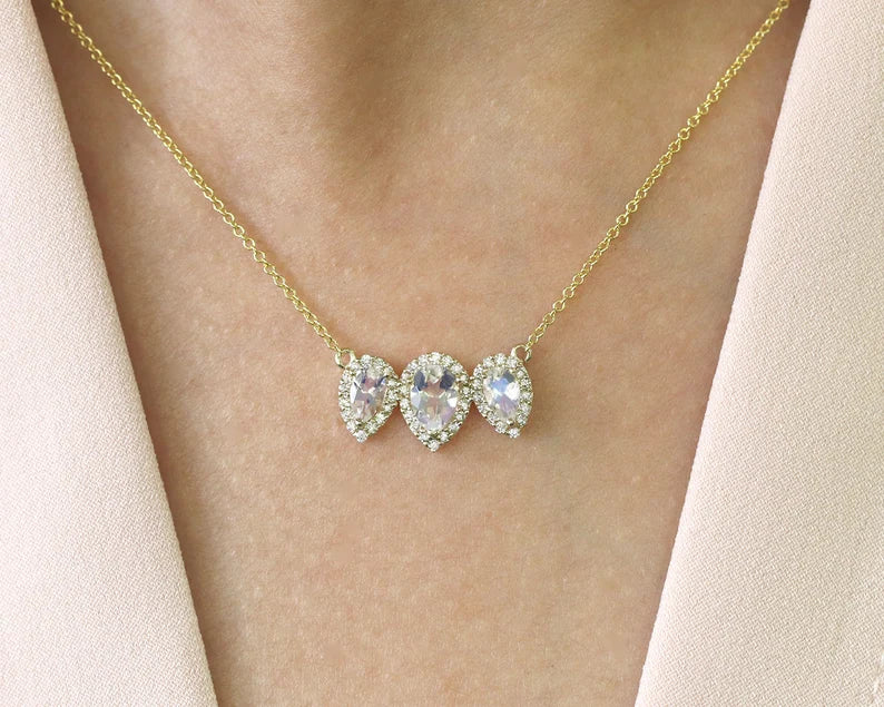 14K TRIPLE PEAR MOONSTONE DIAMOND NECKLACE