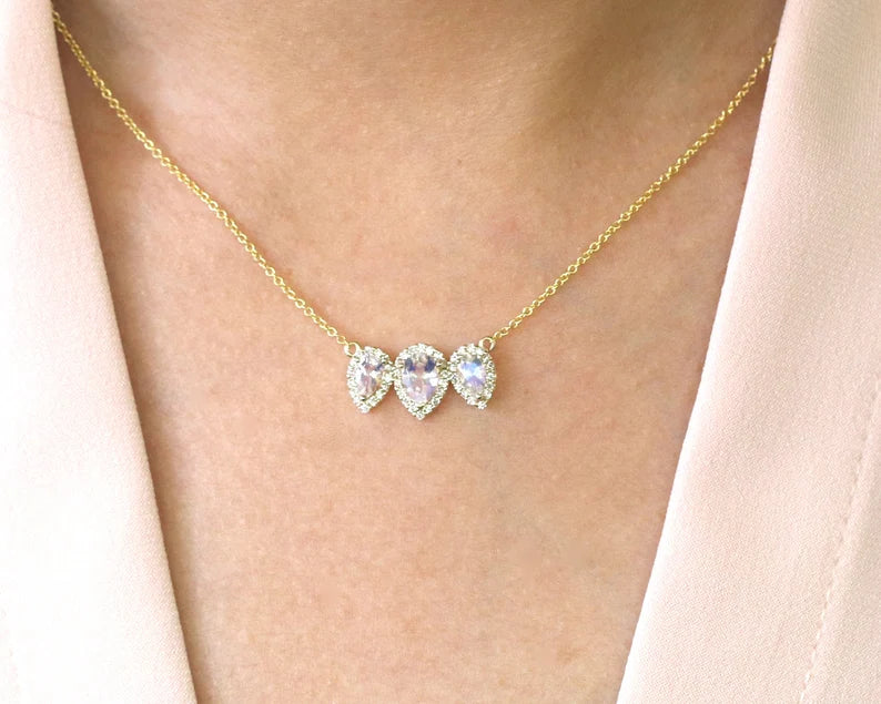 14K TRIPLE PEAR MOONSTONE DIAMOND NECKLACE