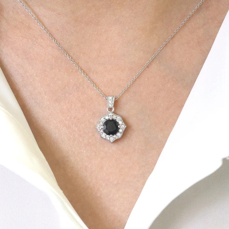 14K ROUND SAPPHIRE DIAMOND VINTAGE NECKLACE