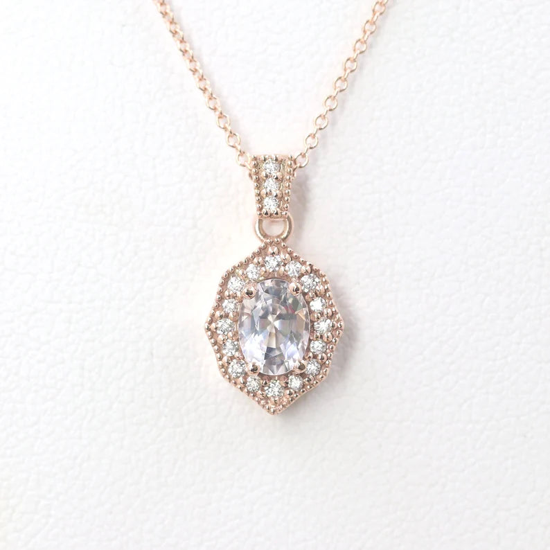 14K OVAL WHITE SAPPHIRE DIAMOND VINTAGE NECKLACE