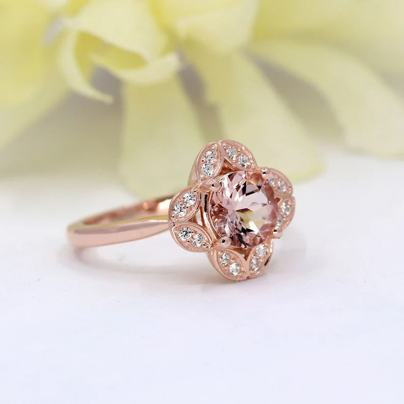 14K MORGANITE DIAMOND FLOWER RING