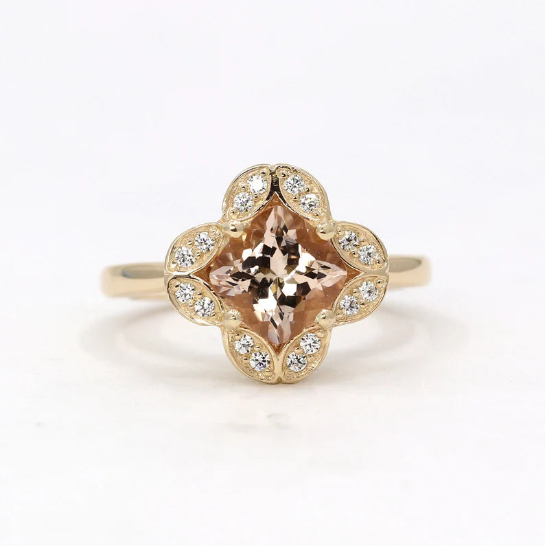 14K CUSHION MORGANITE DIAMOND FLOWER RING