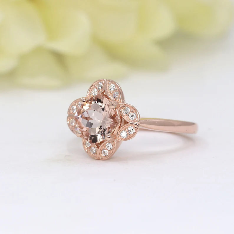 14K CUSHION MORGANITE DIAMOND FLOWER RING
