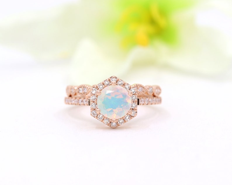 14K OPAL DIAMOND HALO HEXAGON RING ART DECO BAND 2 RING SET