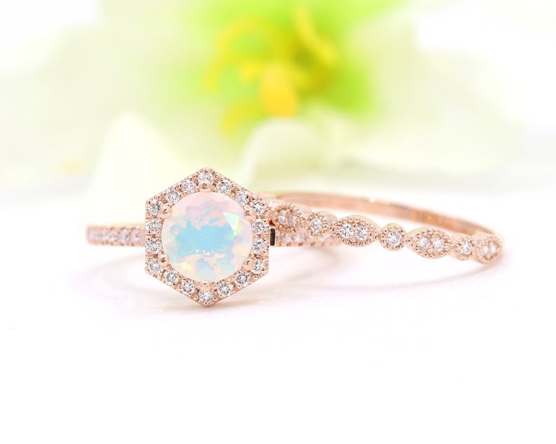 14K OPAL DIAMOND HALO HEXAGON RING ART DECO BAND 2 RING SET