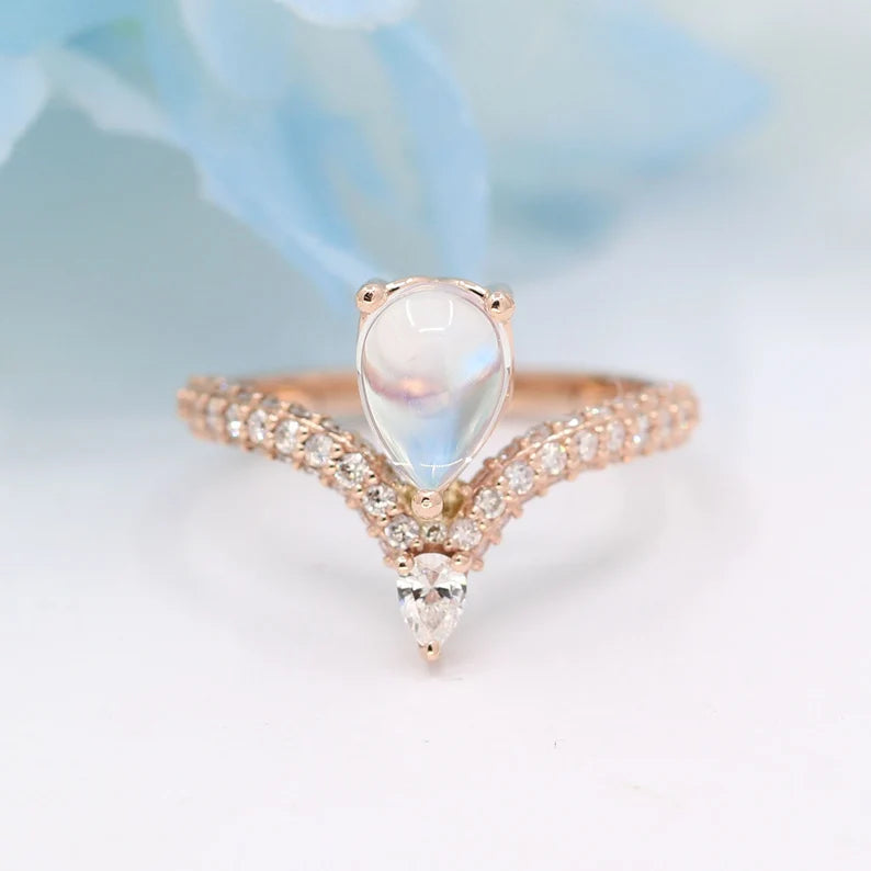 14K MOONSTONE DIAMOND CHEVRON RING