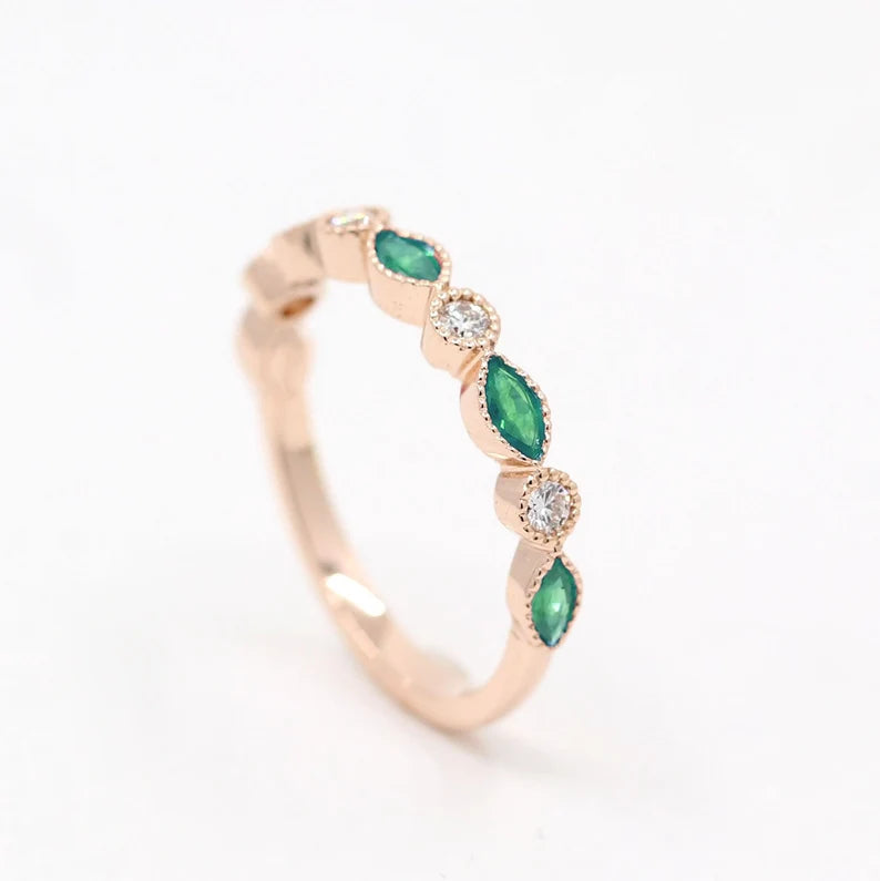 14K MARQUISE EMERALD DIAMOND ART DECO BAND